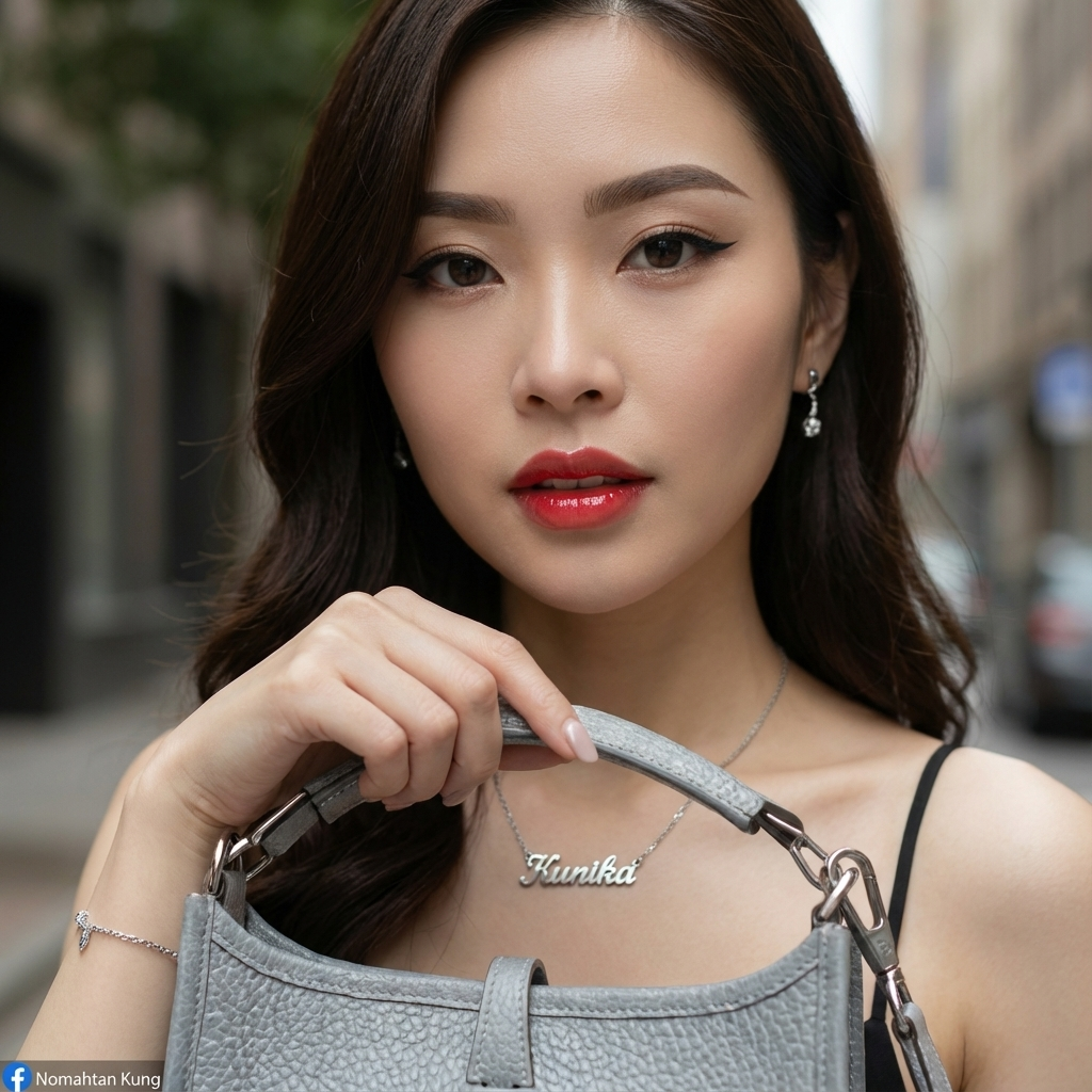Create a very realistic, cinematic image of a woman, with 100% of her original facial features maintained from the provided image. Do not alter the face, focusing on realistic details of the facial structure, eyes, eyebrows, nose, mouth, and expression. The lower left corner of the image features the Facebook logo and the text Nomahtan Kung.
Makeup: sharp Asian-style eyebrows, sharp Cat Eye eyeliner, and gradient red lipstick
​Her lips are parted slightly, revealing a hint of teeth, and are coated in a glossy, natural-toned red lipstick that catches the light, giving them a luscious appearance. The subtle lines and contours of her philtrum and cupid's bow are visible. with the subtle texture of skin visible. Wears a necklace with the text Kunika and other small matching accessories, such as earrings or a wrist bracelet.