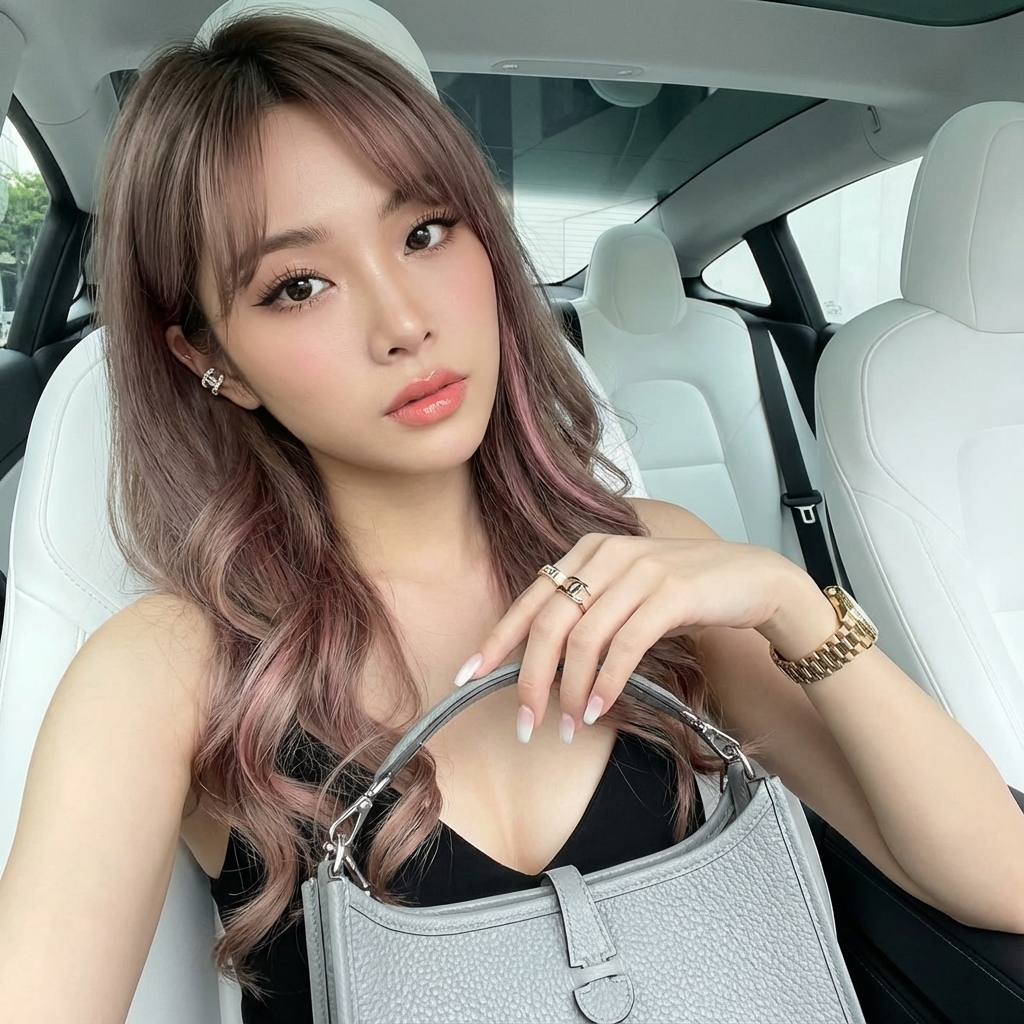 Edit this photo without changing her face 100% to reveal a young woman with an oval face and ideal body, not skinny.

She wears a outfit attached.

She has clear white skin with a natural blush on her cheeks.
Her skin looks healthy and glowing.
She has light grey eyes with a cat-eye style, curly and defined eyelashes (wispy/manga lashes), and neat natural eyebrows.
Focus on a natural blush to create a subtle rosy look.
Soft pink and peachy ​​lip gloss applied in the center of her lips (with a slight gradient), giving the impression of healthy, plump lips.

She wore a channel earcuff, gold watch and channel rings. She has coffin shape menicure in white gradien color.

Her shiny, ash brown with pink highlight, waist-length hair, loose curls styled with curtains bangs giving a Korean-style aesthetic.
Her head is tilted slightly to the side (head tilt), creating a chic and elegant look.

This photo exudes a feminine and sensual yet calm aura. The skin tone and outfit make the subject stand out.
The background is slightly blurred (out of focus), as if she were in her white interior car taking a selfie.
Calm and elegant pose. Staring intenstly at the camera