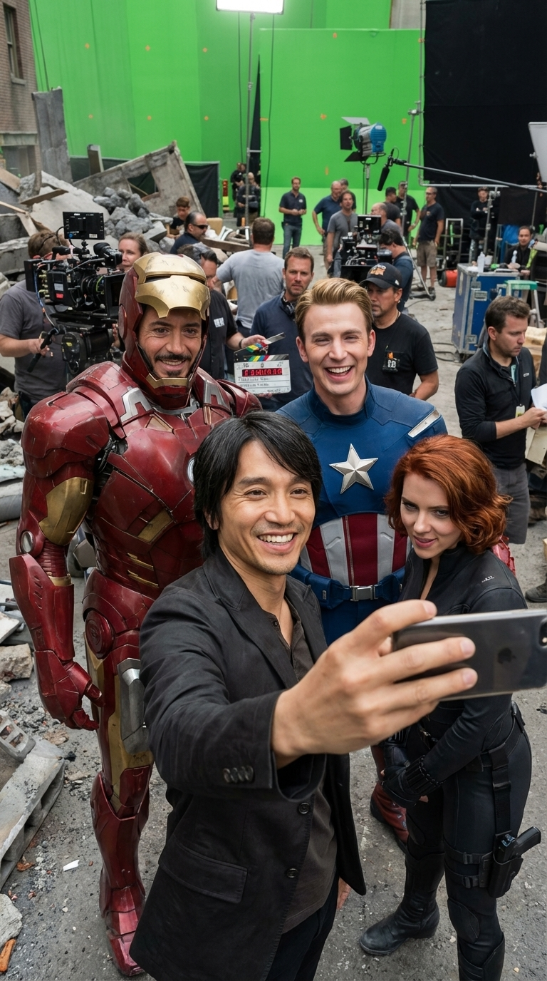 Wide-angle vertical group selfie shot, the man from @imgl in his usual outfit (same clothes as @imgl), natural everyday grooming, candid natural expression, holding the phone vertically for a selfie.
Key Characters: Only the core Avengers join in frame: Iron Man, Captain America, and Black Widow in official costumes.
Background & Environment: Mid-shoot on a movie set with practical debris plus some green screen sections; visible cinema cameras, lighting rigs, crew, clapperboard, candid BTS vibe.
Technical Specs: Ultra photorealistic, 8K, highly detailed, no text/logos/watermark, Vertical Portrait Mode, Aspect Ratio 9:16 --ar 9:16