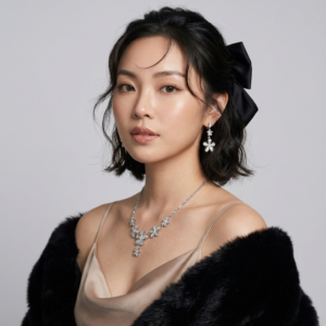 Ultra-realistic high-fashion studio portrait of a woman [image uploaded], vertical composition, framed from mid-chest to top of head. Camera at eye level, straight-on angle with a very slight head tilt to the subject’s left. Posture & pose: upright posture, shoulders relaxed. Left shoulder slightly forward, creating a gentle diagonal line across the collarbones. Arms relaxed out of frame, fur wrap resting naturally over the shoulders. Expression: calm, elegant, and composed. Soft neutral gaze directly into the camera, slightly parted lips with a subtle natural gloss. No smile, refined and confident mood. Face & skin: smooth fair skin with realistic texture and pores, soft luminous finish (not plastic or airbrushed). Rosy blush concentrated on the apples of the cheeks. Natural highlight on nose bridge, cheekbones, and collarbones. Eyes & makeup: large almond-shaped eyes, cool gray-brown irises. Long curled lashes, soft eyeliner, muted rose eyeshadow blended outward. Straight natural brows with gentle arch. Hair: short black bob cut just above the shoulders, slightly wavy ends. Center part with soft wispy strands framing the face. Large black satin bow tied at the back of the head, visible above the crown. Accessories: silver floral drop earrings with dangling details. Matching silver statement necklace with a central floral pendant resting at the upper chest. Clothing & styling: beige satin slip dress with thin spaghetti straps, smooth fabric with subtle sheen. Black faux-fur stole draped loosely around both shoulders, adding contrast and texture. Background: clean seamless light gray to off-white studio backdrop, evenly lit with no visible texture or distractions. Lighting: soft diffused beauty lighting from the front and slightly above eye level. Gentle fill light to reduce shadows, subtle rim light outlining hair and shoulders. Balanced highlights without overexposure. Color palette: neutral beige, black, silver, soft pink skin tones, minimal and elegant. Camera & settings: full-frame DSLR or mirrorless, 85mm lens, f/2–f/2.8, ISO 100, high sharpness on eyes, shallow depth of field. Image quality: ultra-high resolution, professional fashion photography, crisp details, natural skin realism. Strictly photorealistic human portrait — no illustration, no anime, no CGI, no digital painting, no doll-like skin.