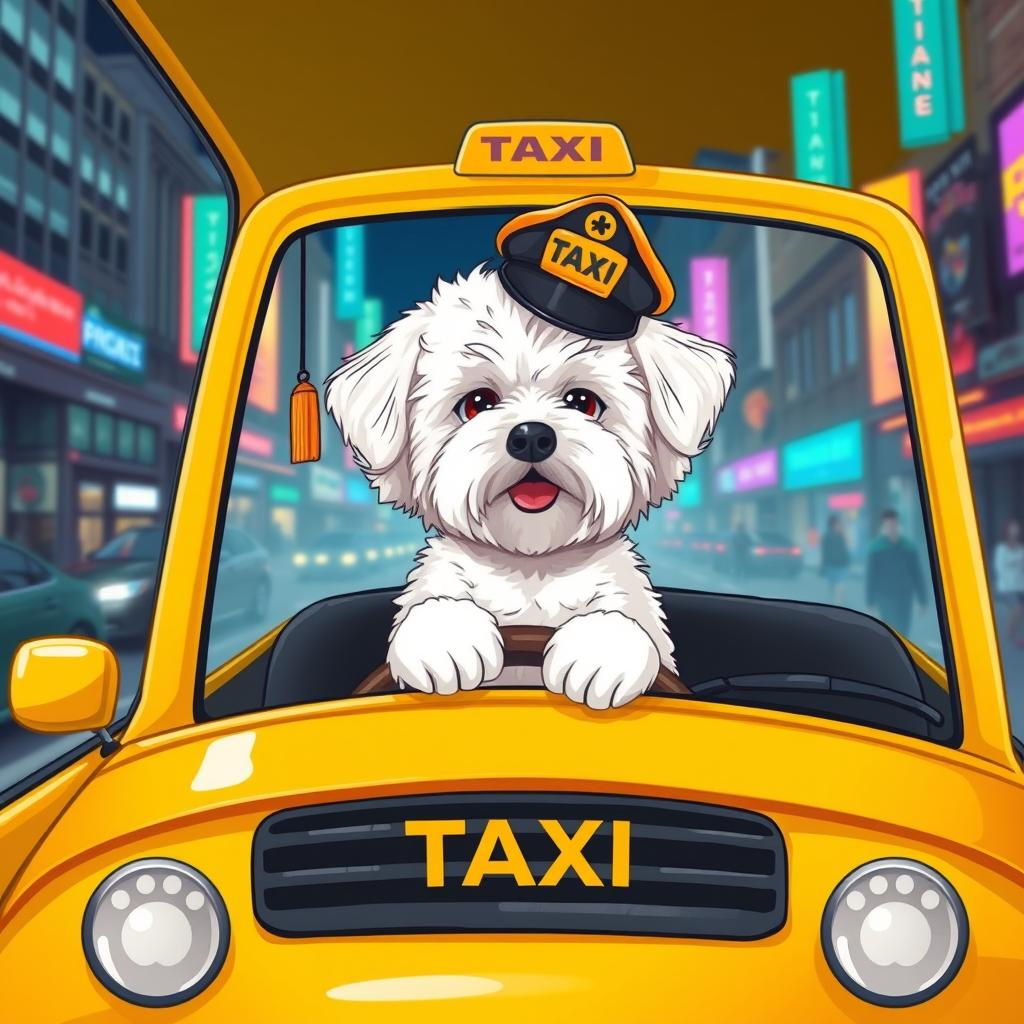 Prompt (for an AI Image Generator):

A charming Bichon Frisé dog, fluffy white fur perfectly groomed, is sitting in the driver’s seat of a brightly colored yellow taxi cab in a bustling city. The dog is wearing a classic taxi driver’s cap tilted playfully on its head, and its front paws rest confidently on the steering wheel. Through the windows, you see city buildings, neon lights, and a blur of pedestrians, hinting at movement and a lively urban atmosphere. Details such as a dangling air freshener, a taxi meter, and a small nametag with a paw print add character and realism. The overall mood is whimsical and heartwarming, with a touch of humor. The art style is vibrant, highly detailed, and slightly cartoonish, capturing the joyful spirit of the scene.