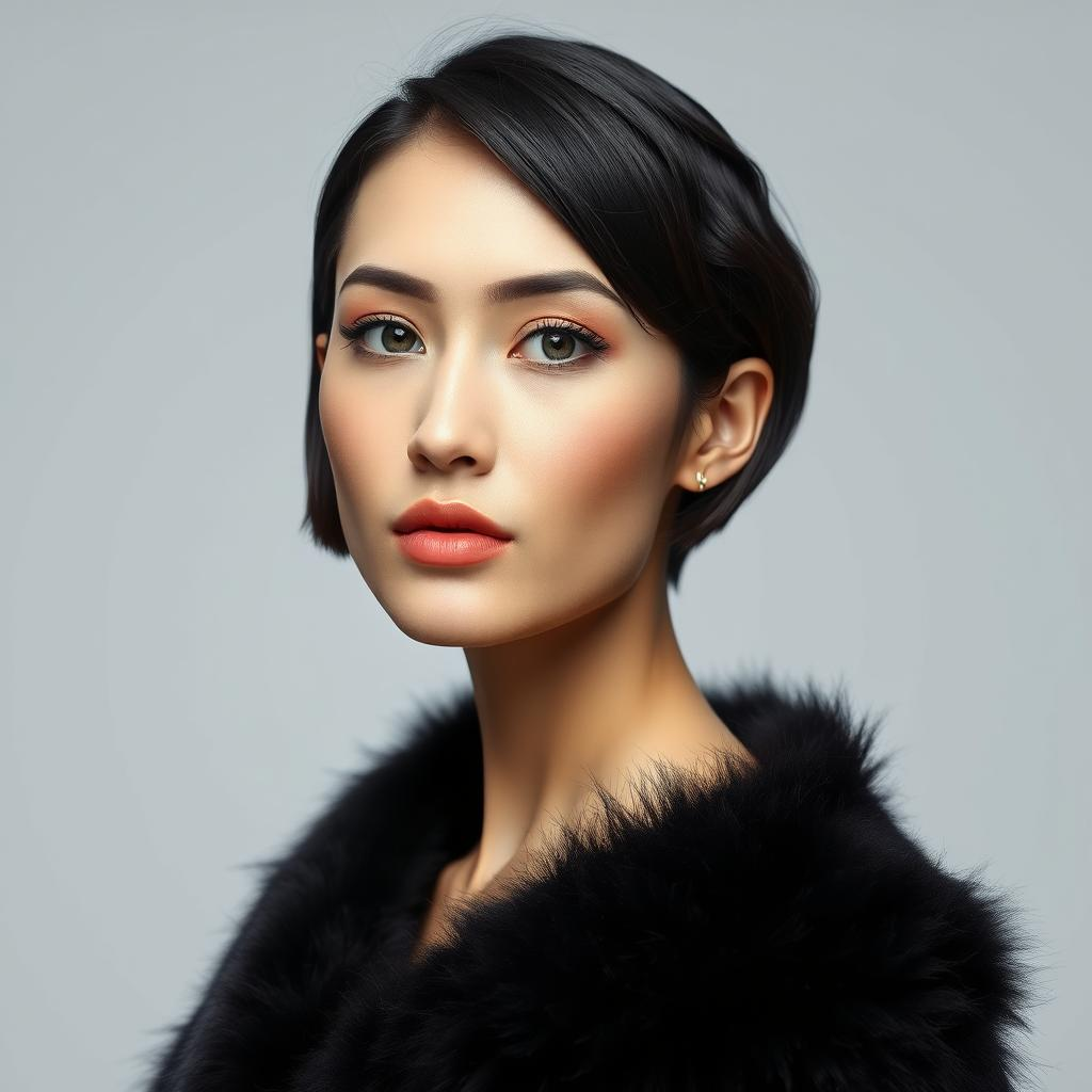 Ultra-realistic high-fashion studio portrait of a woman [image uploaded], vertical composition, framed from mid-chest to top of head. Camera at eye level, straight-on angle with a very slight head tilt to the subject’s left. Posture & pose: upright posture, shoulders relaxed. Left shoulder slightly forward, creating a gentle diagonal line across the collarbones. Arms relaxed out of frame, fur wrap resting naturally over the shoulders. Expression: calm, elegant, and composed. Soft neutral gaze directly into the camera, slightly parted lips with a subtle natural gloss. No smile, refined and confident mood. Face & skin: smooth fair skin with realistic texture and pores, soft luminous finish (not plastic or airbrushed). Rosy blush concentrated on the apples of the cheeks. Natural highlight on nose bridge, cheekbones, and collarbones. Eyes & makeup: large almond-shaped eyes, cool gray-brown irises. Long curled lashes, soft eyeliner, muted rose eyeshadow blended outward. Straight natural brows with gentle arch. Hair: short black bob cut just above the shoulders, slightly wavy ends. Center part with soft wispy strands framing the face. Large black satin bow tied at the back of the head, visible above the crown. Accessories: silver floral drop earrings with dangling details. Matching silver statement necklace with a central floral pendant resting at the upper chest. Clothing & styling: beige satin slip dress with thin spaghetti straps, smooth fabric with subtle sheen. Black faux-fur stole draped loosely around both shoulders, adding contrast and texture. Background: clean seamless light gray to off-white studio backdrop, evenly lit with no visible texture or distractions. Lighting: soft diffused beauty lighting from the front and slightly above eye level. Gentle fill light to reduce shadows, subtle rim light outlining hair and shoulders. Balanced highlights without overexposure. Color palette: neutral beige, black, silver, soft pink skin tones, minimal and elegant. Camera & settings: full-frame DSLR or mirrorless, 85mm lens, f/2–f/2.8, ISO 100, high sharpness on eyes, shallow depth of field. Image quality: ultra-high resolution, professional fashion photography, crisp details, natural skin realism. Strictly photorealistic human portrait — no illustration, no anime, no CGI, no digital painting, no doll-like skin.