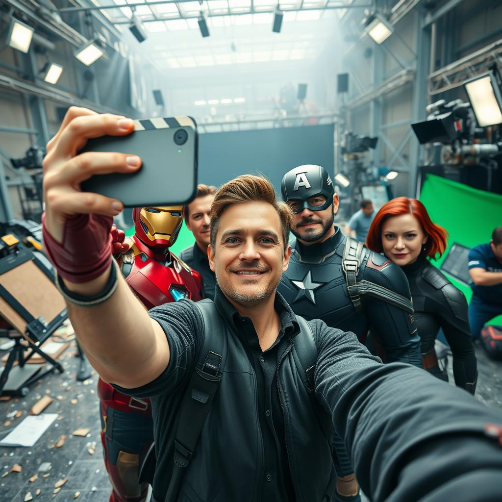 Wide-angle vertical group selfie shot, the man from @imgl in his usual outfit (same clothes as @imgl), natural everyday grooming, candid natural expression, holding the phone vertically for a selfie.
Key Characters: Only the core Avengers join in frame: Iron Man, Captain America, and Black Widow in official costumes.
Background & Environment: Mid-shoot on a movie set with practical debris plus some green screen sections; visible cinema cameras, lighting rigs, crew, clapperboard, candid BTS vibe.
Technical Specs: Ultra photorealistic, 8K, highly detailed, no text/logos/watermark, Vertical Portrait Mode, Aspect Ratio 9:16 --ar 9:16