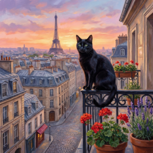 Certainly! Here’s an enhanced, detailed, and artistic version of your prompt:

A charming and elegant cat sitting gracefully on a Parisian balcony, overlooking the romantic cityscape of Paris at sunset. The cat’s fur is soft and glossy, perhaps a classic tabby or a sleek black cat, with expressive, intelligent eyes. Delicate wrought-iron railings surround the balcony, adorned with blooming flower boxes of vibrant geraniums and lavender. In the distance, the Eiffel Tower rises majestically above the rooftops, bathed in warm golden and pink light. The artist’s style is a blend of impressionism and realism, capturing intricate city details—cobblestone streets, classic Parisian architecture, and atmospheric lighting. The mood is dreamy, whimsical, and full of European charm, evoking a sense of wonder and adventure.