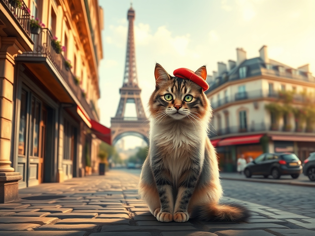A charming, fluffy cat with expressive green eyes sits elegantly on a cobblestone street in front of a classic Parisian café. The scene is bathed in golden, late-afternoon sunlight, casting soft, elongated shadows. In the background, the iconic Eiffel Tower rises gracefully into a pastel sky, and delicate wrought-iron balconies adorned with blooming flower boxes line the cozy Parisian buildings. The cat wears a tiny red beret, adding a whimsical French flair. The overall style is richly detailed and painterly, reminiscent of an impressionist masterpiece, filled with warm hues, textured brushstrokes, and an inviting, dreamy atmosphere.