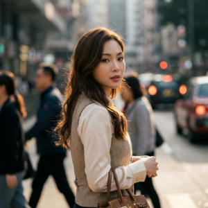 A cinematic street portrait of a young woman turning back in a crowded city street, soft natural sunlight illuminating her face, shallow depth of field, busy urban background with blurred pedestrians and bokeh lights, candid moment, emotional gaze, loose messy hair strands catching the light, muted earthy tones, warm highlights and cool shadows, realistic skin texture, DSLR photography style, 85mm lens, f/1.8, ultra-detailed, high realism, cinematic color grading, film grain, dramatic atmosphere, urban storytelling, professional photography