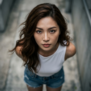 A cinematic high-angle portrait of a young woman looking up at the camera, intense expressive eyes with sharp focus, natural freckles and soft skin texture, slightly messy brown hair adding realism and motion, wearing a simple white sleeveless top and casual denim shorts, minimal accessories, urban lifestyle vibe. Shot from an overhead perspective creating depth and vulnerability, shallow depth of field with softly blurred concrete background, dramatic soft lighting with subtle shadows, moody color grading, high contrast, ultra-realistic skin tones, professional fashion photography style, 85mm lens look, f/1.8, cinematic realism, editorial portrait, 8K detail, film grain, modern aesthetic, photorealistic.