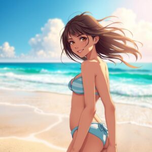 (masterpiece, best quality, 4k, illustration style, best lighting, depth of field), a girl in a (bikini) facing the camera, smiling, long hair flowing, sun-kissed skin, on a sandy beach, clear blue water, (Italian beach setting), vibrant sky, gentle waves in the background, detailed character, detailed environment.