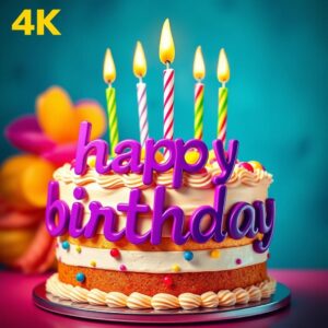 masterpiece, best quality, 4k, vibrant colors, graphic design style, (eye-catching text), bold typography, birthday cake as the main focus, decorated with colorful candles and icing, (purple words:1.2) 'happy birthday' prominently displayed, festive and celebratory atmosphere, detailed cake design, bright and cheerful background.