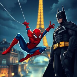 (((Spider-Man))) and (((Batman))) in Paris, masterpiece, best quality, 4k, illustration style, dynamic action scene, best lighting, depth of field, Spider-Man in his iconic red and blue suit, swinging on a web, Batman in his classic black suit, standing heroically, Eiffel Tower in the background, nighttime scene, city lights illuminating the scene, detailed characters, detailed environment.