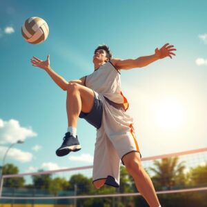 masterpiece, best quality, 4k, dynamic illustration, vivid colors, (action shot), (best lighting), depth of field, handsome man playing volleyball, athletic build, focused expression, wearing a sports jersey and shorts, jumping mid-air to hit the ball, intense concentration, volleyball court in the background, clear sky, sunlight streaming down.