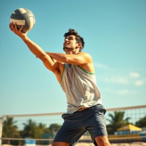 (realistic:1.3), (best quality), (4k), (detailed focus), handsome man playing volleyball, wearing a casual sports outfit, in action as he jumps to hit the ball, athletic build, focused expression, outdoors, sunny day, beach volleyball court, sand and net visible, vibrant colors, dynamic scene, natural lighting.