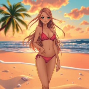 (masterpiece), (best quality), (realistic), 4k, illustration style, vibrant colors, best lighting, depth of field, a girl in a bikini, long flowing hair, sun-kissed skin, relaxed pose, standing on a sandy beach, warm sunset hues, gentle ocean waves in the background, scattered seashells, palm trees swaying softly, serene atmosphere.