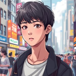 short hair, masterpiece, best quality, 4k, illustration style, best lighting, depth of field, a person with (short hair) as the main focus, detailed facial features, vivid expression, casual attire, standing in an urban environment, cityscape in the background, bustling street, people in motion, vibrant atmosphere.