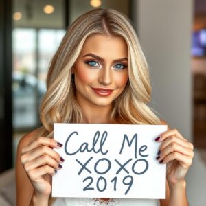 Pretty_blonde_looking_at_camera_while_holding_sign_saying_Call_Me_XOXO_2019.img