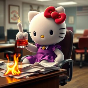 masterpiece, best quality, 4k, illustration style, best lighting, depth of field, surreal, humorous, detailed character, detailed environment

A Hello Kitty plush toy in a purple dress, sitting on an office chair, holding a glass of whiskey in one hand, raising the middle finger with the other hand, messy desk in front of Hello Kitty with documents destroyed by fire

Open office environment with other desks and chairs in the background