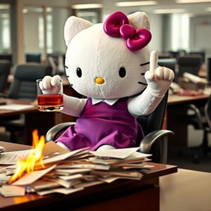 \\\"A Hello Kitty plush toy in a purple dress, sitting on an office chair. One hand is holding a glass of whiskey, and the other hand is raising the middle finger. The desk in front of Hello Kitty is very messy with documents destroyed by fire. The background is an open office environment with other desks and chairs. The scene is surreal and humorous.\\\"