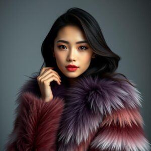 (masterpiece), (best quality), (high resolution), (photorealistic), fashion magazine photoshoot, young Asian woman, stunning beauty, wearing gradient-colored fur coat, posing elegantly, glamorous style, best lighting, soft focus, sophisticated atmosphere, studio setting, stylish background.
