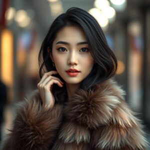 (masterpiece), (best quality), (realistic), (photo-realism), (4k), fashion photography, (soft lighting), depth of field, young Asian woman, stunning beauty, wearing gradient fur coat, posing for fashion magazine, (pure and elegant appearance), innocent and playful expression, fair skin, light makeup, nearly bare-faced, detailed character, detailed environment.