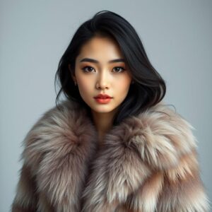 masterpiece, best quality, 4k, realistic photography style, magazine photoshoot, full body shot, (Asian) young woman, (stunning beauty), wearing a (gradient-colored fur coat), posing for a fashion magazine, (pure and elegant appearance), innocent and playful look, fair skin, light makeup, natural beauty, detailed character, fashion studio setting.