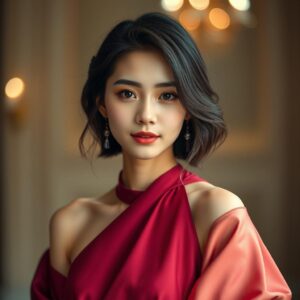 masterpiece, best quality, 4k, fashion magazine style, elegant lighting, depth of field, full-body portrait of a young Asian woman, wearing a gradient silk evening gown, posing for a fashion magazine, pure and refined appearance, innocent and playful facial expression, fair skin, subtle makeup, nearly bare-faced, detailed character, stylish setting.