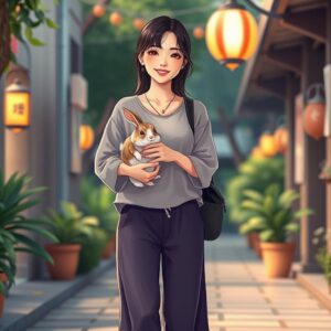 Photo-realistic style, full body shot, an Asian young woman, wearing stylish and trendy clothes, loose top and mid-length pants, matching fashionable sneakers, holding and playing with a cute bunny, the woman has a happy smile, fair skin, light makeup, masterpiece, best quality, 4k, illustration style, best lighting, depth of field, detailed character, vibrant environment.