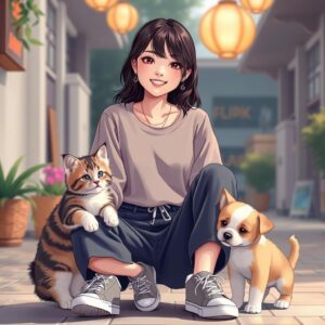 A full-body photo of a young Taiwanese beauty wearing trendy fashionable clothing, a loose top and mid-length pants, matching stylish sneakers, playing with a cute kitten and puppy, the beauty has a joyful smile, fair skin, and light makeup resembling a natural look, masterpiece, best quality, 4k, illustration style, best lighting, depth of field, detailed character, detailed environment.