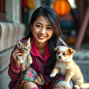 masterpiece, best quality, 4k, realistic photo, full-body shot, (Taiwanese young woman:1.2), wearing fashionable and vibrant clothing, stylish shoes, playing with adorable (kitten) and (puppy), (happy) and (sweet smile), fair skin, light makeup, natural look, detailed character, engaging scene