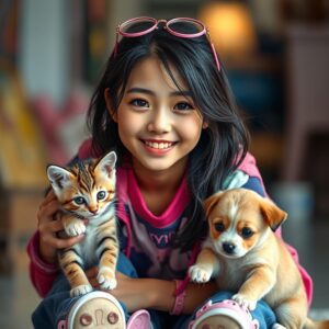 A young mixed-race beauty of Japanese and Korean descent in a full-body shot, wearing trendy and vibrant clothing with fashionable footwear, playing with a cute kitten and puppy, showcasing a happy and sweet smile, fair skin, with light makeup resembling a natural look, masterpiece, best quality, 4k, realistic style, best lighting, depth of field, detailed character, detailed environment.