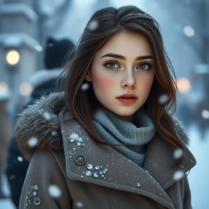 A young and beautiful woman standing in the snow, her gaze full of untold stories, wearing a winter coat with delicate details, soft lighting creating a cinematic atmosphere, shallow depth of field, masterpiece, best quality, 4k, illustration style, best lighting, cinematic mood, detailed character, snowy environment with gentle snowfall, serene and tranquil setting.