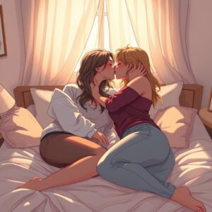 masterpiece, best quality, 4k, illustration style, soft lighting, warm atmosphere, two pairs of (lesbian couples) passionately kissing on a bed, intimate setting, detailed expressions, intertwined bodies, casual attire, cozy room, soft blankets, pillows scattered around, gentle morning light filtering through curtains.