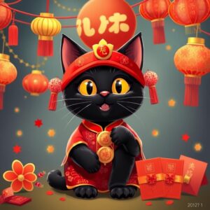 A black cat celebrating Chinese New Year, wearing traditional Chinese attire, surrounded by festive decorations such as lanterns, firecrackers, and red envelopes. The setting is lively and colorful, capturing the joyous atmosphere of the Chinese New Year celebration.\\\"