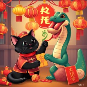 A black cat and a snake celebrating Chinese New Year, wearing traditional Chinese attire, surrounded by festive decorations such as lanterns, firecrackers, and red envelopes. The setting is lively and colorful, capturing the joyous atmosphere of the Chinese New Year celebration.\\\\\\\"