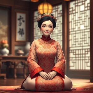 masterpiece, best quality, 4k, illustration style, best lighting, depth of field, detailed character, detailed environment, 

a mother wearing a traditional Chinese wedding dress, sitting cross-legged, intricate embroidery on the dress, serene expression on her face, 

in an elegant room with wooden furniture and traditional decor, soft ambient lighting, detailed background