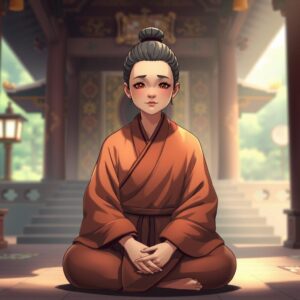 masterpiece, best quality, 4k, illustration style, best lighting, depth of field, detailed character, detailed environment, 

A mother in a traditional Buddhist robe, sitting cross-legged, serene expression, detailed robe texture, calm and peaceful atmosphere, 

background of a tranquil temple, soft lighting, gentle shadows, intricate temple decorations, serene and meditative environment.