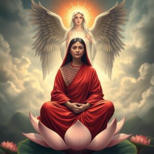 masterpiece, best quality, 4k, illustration style, best lighting, depth of field, highly detailed

A mother wearing a red robe with white mesh on the collar, sitting cross-legged on a lotus flower, an archangel behind her wrapping her with protective wings, and the Virgin Mary shining her loving light upon the mother

Heavenly scene, divine protection, holy light, serene atmosphere, detailed environment