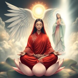 A serene and divine scene featuring a mother dressed in a (red robe) with intricate (white mesh patterns) on her garment, sitting in a meditative pose on a (lotus flower), her eyes gently closed. Behind her, an (archangel) extends its (majestic wings) to cover and protect her. To the right, (Virgin Mary) radiates a (compassionate and divine aura), illuminating the mother with a (holy light). To the left, (Guanyin Bodhisattva) gracefully accompanies the mother, guiding her to the (Western Pure Land). The scene has a (celestial atmosphere), masterpiece, best quality, 4k, illustration style, divine light, ethereal glow, intricate details, depth of field, heavenly background, spiritual serenity.