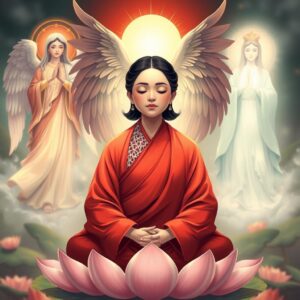 A mother wearing a red kasaya, with white mesh on the collar, eyes closed, sitting cross-legged on a lotus, an archangel behind her covering her with wings, the Virgin Mary on the left shining her with divine loving radiance, Guanyin on the right protecting her with compassionate light, masterpiece, best quality, 4k, illustration style, best lighting, depth of field, detailed character, detailed environment.