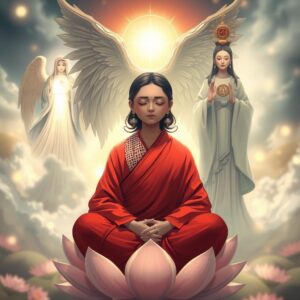 Masterpiece, best quality, 4k, illustration style, best lighting, depth of field, detailed character, detailed environment, ethereal atmosphere

A mother wearing a red kasaya with a white mesh collar, eyes closed, sitting cross-legged on a lotus, an archangel covering her with his wings from behind. To her left, the Virgin Mary shines divine and loving light upon her, while Guan Yin stands to her right, a Buddhist symbol on her chest, radiating compassionate light to protect her.

Heavenly background, soft glowing lights, serene and calm environment.