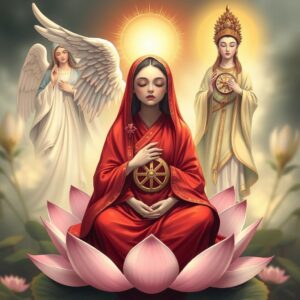 (masterpiece, best quality, 4k, illustration style, best lighting, depth of field, detailed character, detailed environment), a mother wearing a red robe with a white netted hem, sitting peacefully with eyes closed on a lotus flower, an archangel behind her covering her with wings, Virgin Mary holding a cross on the left side radiating divine loving light, Guanyin Bodhisattva with a Dharma wheel symbol on her chest, holding a willow branch with dew, standing on the right side radiating compassionate golden light.