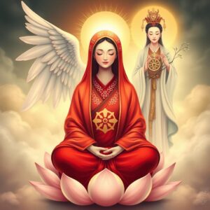 A serene mother wearing a red robe with white lattice patterns on the collar, sitting cross-legged on a lotus with eyes gently closed, an archangel behind her covering her with wings, the Virgin Mary holding a cross on the left, radiating a holy and loving light, Guanyin with a Buddhist dharma wheel symbol on the chest, holding a willow branch with dew, standing on the right, casting a compassionate golden light, masterpiece, best quality, 4k, illustration style, divine ambiance, ethereal lighting, detailed characters, heavenly environment.