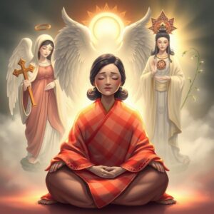 Masterpiece, best quality, 4k, illustration style, ethereal lighting, soft focus, serene atmosphere, spiritual ambiance, divine glow, detailed character depiction.

A mother wearing a red and white checkered robe, sitting peacefully in a lotus position with her eyes closed, a gentle and serene expression on her face. Behind her, an archangel covers her with wings, providing a sense of protection and comfort. To her left, the Virgin Mary holds a cross, radiating a holy and loving light as she gazes at the mother. On her right, Guanyin Bodhisattva, with a Buddhist dharma wheel symbol on her chest, holds a willow branch with dew, casting a compassionate golden light upon the mother. The scene is rich with spiritual symbolism and divine presence.