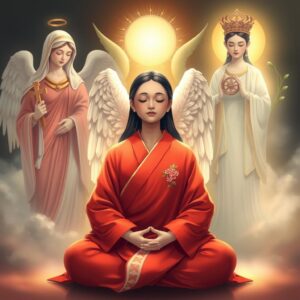 Masterpiece, best quality, 4k, illustration style, best lighting, depth of field, ethereal atmosphere, divine presence.

A serene mother wearing a (red) robe with a (white checkered) pattern on the right lapel, sitting peacefully in a lotus position with (closed eyes) and (hands in prayer). Behind her, an archangel gently covers her with (wings), creating a sense of protection. To the left, the (Virgin Mary) holds a (cross) and gazes at the mother with a divine, loving radiance. On the right, (Guanyin) displays a (Buddhist dharma wheel) symbol on the chest and holds a (willow branch with dewdrops), casting a compassionate golden light upon the mother. The scene is filled with a sense of tranquility and divine grace.