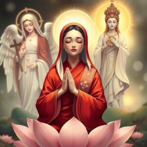 masterpiece, best quality, 4k, illustration style, best lighting, depth of field, detailed character, detailed environment, highly detailed

A serene mother wearing a red kasaya with white plaid on the right lapel, eyes closed, hands clasped in prayer, sitting peacefully on a lotus flower, detailed face, wings of an archangel covering her shoulders from behind, Saint Mary holding a cross on the left, emanating divine and loving light, Guanyin Bodhisattva with a dharma wheel symbol on the chest, holding a willow branch with nectar, standing on the right, radiating compassionate golden light.