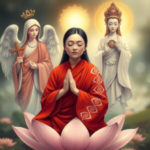(((Masterpiece))), best quality, 4k, illustration style, best lighting, depth of field, highly detailed, ethereal atmosphere, divine scene, serene ambiance, spiritual theme.

A mother wearing a red robe typically worn by high monks, with white checkered patterns on the right side, eyes gently closed, hands in prayer, sitting peacefully on a lotus flower. Behind her, an archangel covers her shoulders with wings. To her left, the Virgin Mary holds a cross, gazing at the mother with a divine and loving aura. On the right, Guan Yin Bodhisattva, with a dharma wheel symbol on the chest, holds a willow branch and water, radiating compassionate golden light towards the mother.