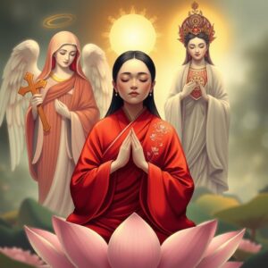 masterpiece, best quality, 4k, illustration style, best lighting, depth of field, detailed character, detailed environment, serene atmosphere, holy aura

A mother wearing a red robe typically worn by high monks, with white checkered patterns on the right lapel, eyes closed, hands clasped together, sitting peacefully on a lotus flower. Behind her, an archangel covers her shoulders with wings. The Virgin Mary on the left holds a cross, gazing at the mother with divine and loving light. On the right, Guanyin Bodhisattva, with a Dharma wheel symbol on her chest, holding a willow branch with holy water, gazes at the mother with compassionate golden light.