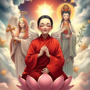 Masterpiece, best quality, 4k, illustration style, best lighting, depth of field, detailed character, detailed environment, vibrant colors

A mother wearing a red monk's robe with white checks on the right lapel, eyes closed, hands clasped together, sitting cross-legged on a lotus, smiling. Behind her, an archangel covers her shoulders with wings. On the left, Virgin Mary holds a cross, gazing at the mother with a holy and loving light. On the right, Guanyin Bodhisattva with a Buddhist Dharmachakra symbol on the chest, holding a willow branch with dew, gazing at the mother with compassionate golden light. Heavenly background, divine atmosphere, serene and sacred environment.
