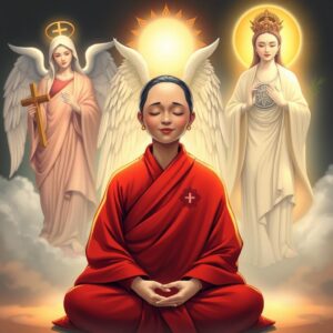 A serene scene featuring a mother dressed in a red monk's robe with a white checkered pattern on the right lapel, eyes closed, smiling softly while seated in a lotus position. Behind her, an archangel gently covers her shoulders with their wings. To the left, the Virgin Mary holds a cross, casting a divine and loving glow upon the mother. On the right, Guanyin Bodhisattva, with a Buddhist dharma wheel symbol on the chest, holds a willow branch and water, illuminating the mother with a compassionate golden light. Masterpiece, best quality, 4k, illustration style, best lighting, depth of field, detailed characters, spiritual and harmonious environment.