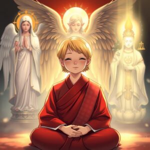(((Masterpiece))), (best quality), 4k, illustration style, best lighting, depth of field, highly detailed characters and environment, 

A serene scene featuring a mother with short golden hair, dressed in a traditional red monk's robe with a white checkered pattern on the right lapel. She is seated in a meditative lotus position, eyes gently closed and a serene smile on her face. A majestic archangel stands behind her, wings gracefully draped over her shoulders. To the left, the serene figure of the Virgin Mary holds a cross, casting a divine and loving light upon the mother. On the right, the compassionate Avalokiteshvara Bodhisattva, with a sacred symbol on her chest, holds a nectar willow branch, emanating a golden light of compassion over the mother.