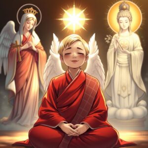 (masterpiece), (best quality), 4k, illustration style, best lighting, depth of field, detailed character, detailed environment, a mother with short (blonde hair), wearing a traditional red monk robe with white checkered patterns on the right lapel, sitting in a lotus position with eyes closed, smiling peacefully, an archangel behind her gently covering her shoulders with wings, to the left stands the Virgin Mary holding a cross, gazing at the mother with a divine and loving radiance, on the right is Guanyin Bodhisattva with a Buddha emblem on the chest, holding a nectar willow branch, shining compassionate golden light upon the mother.